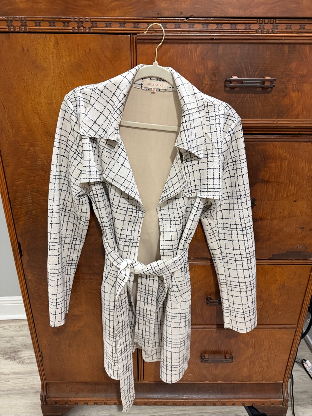 Solitaire White Trench Coat with Navy Windowpane